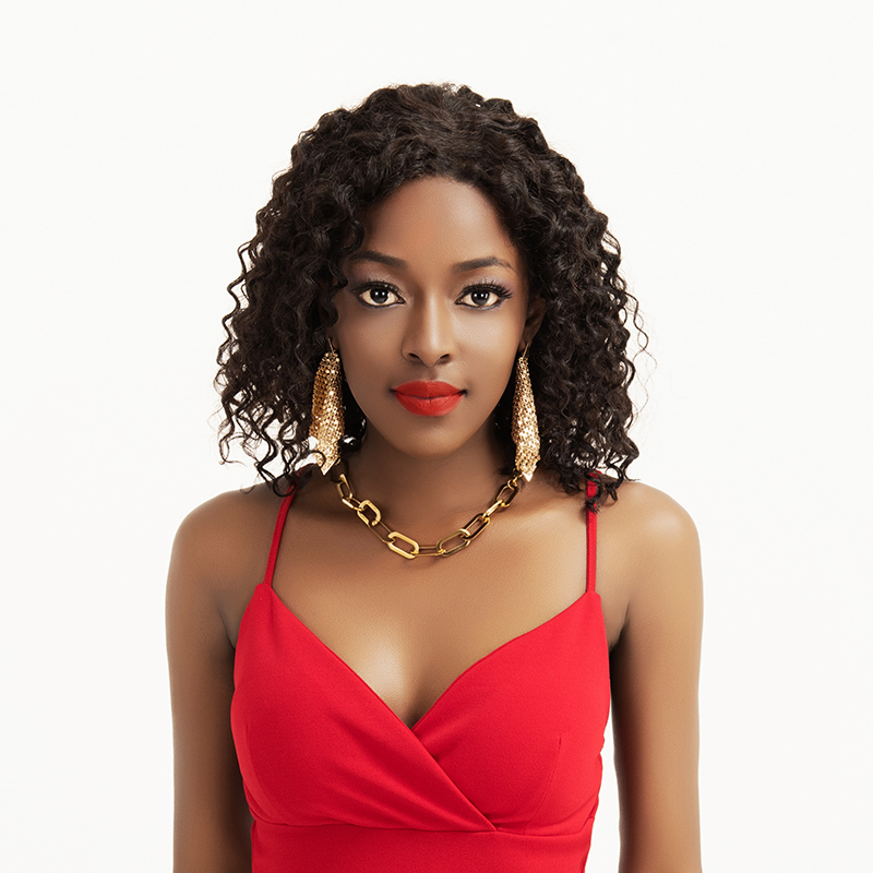 deep curly full lace frontal wig 14inch black